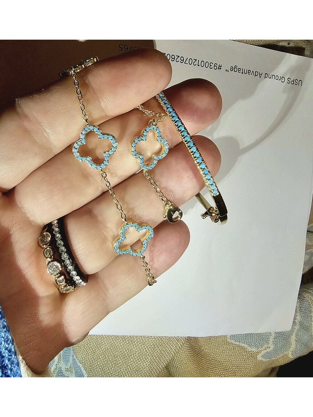 Gold-plated Turquoise CZ Bracelets Pave Hinged Bangle Clover Chain Set Of Two - Picture 4 of 6